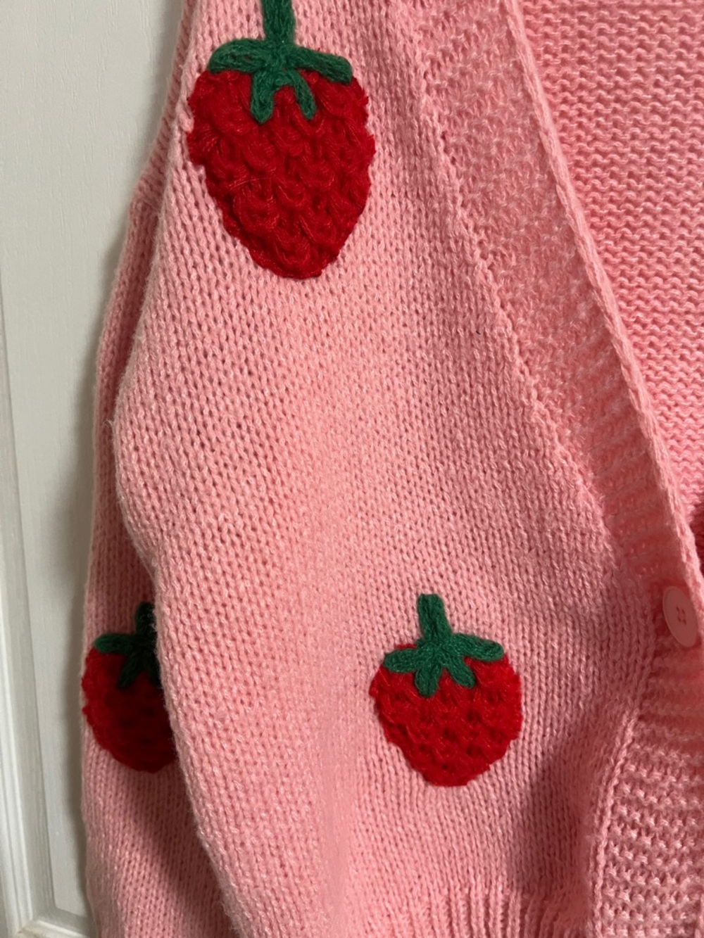 Luna Ivy Pink Strawberry Appliqué V-Neck Cardigan Sweater - Picture 4 of 12